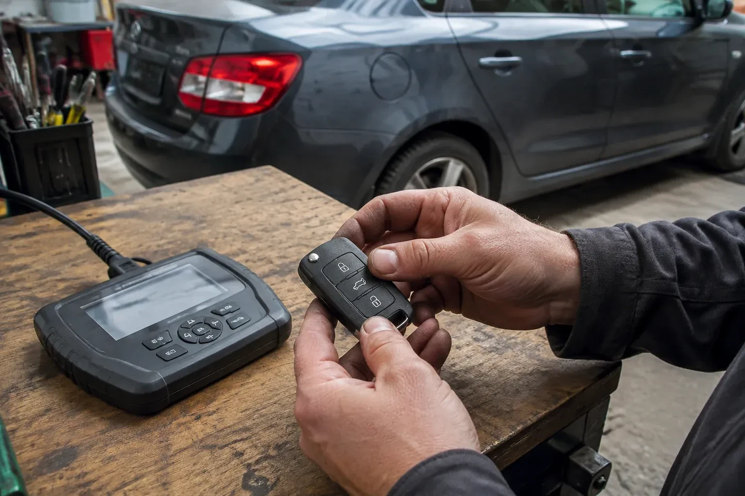 Hands holding a black car key fob above a workbench, beside a wired handheld device with a screen. — Car Key Replacement, Oakville