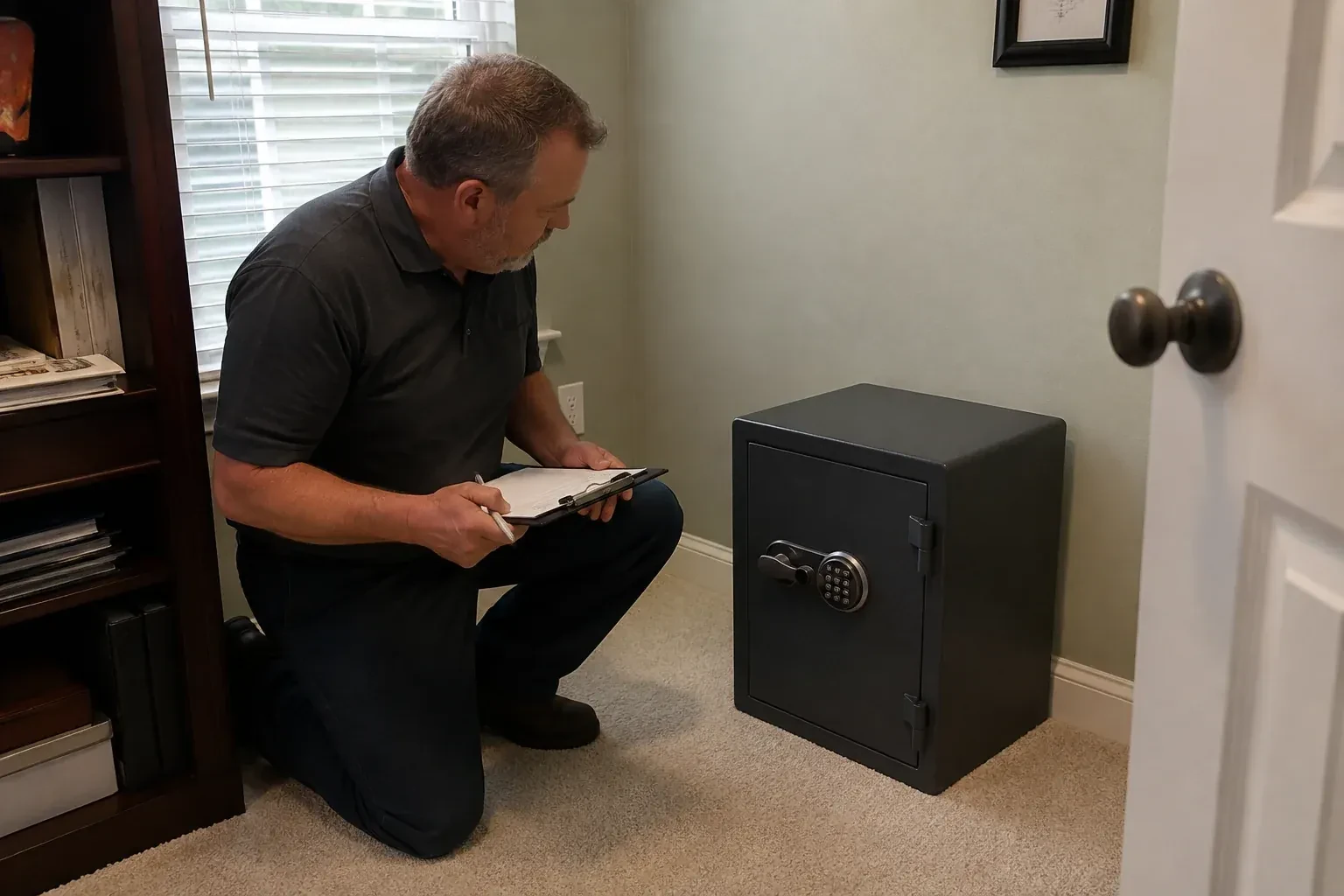Person holding a clipboard beside a closed black safe with a circular keypad in a carpeted room. — Safe Installation & Servicing, Oakville