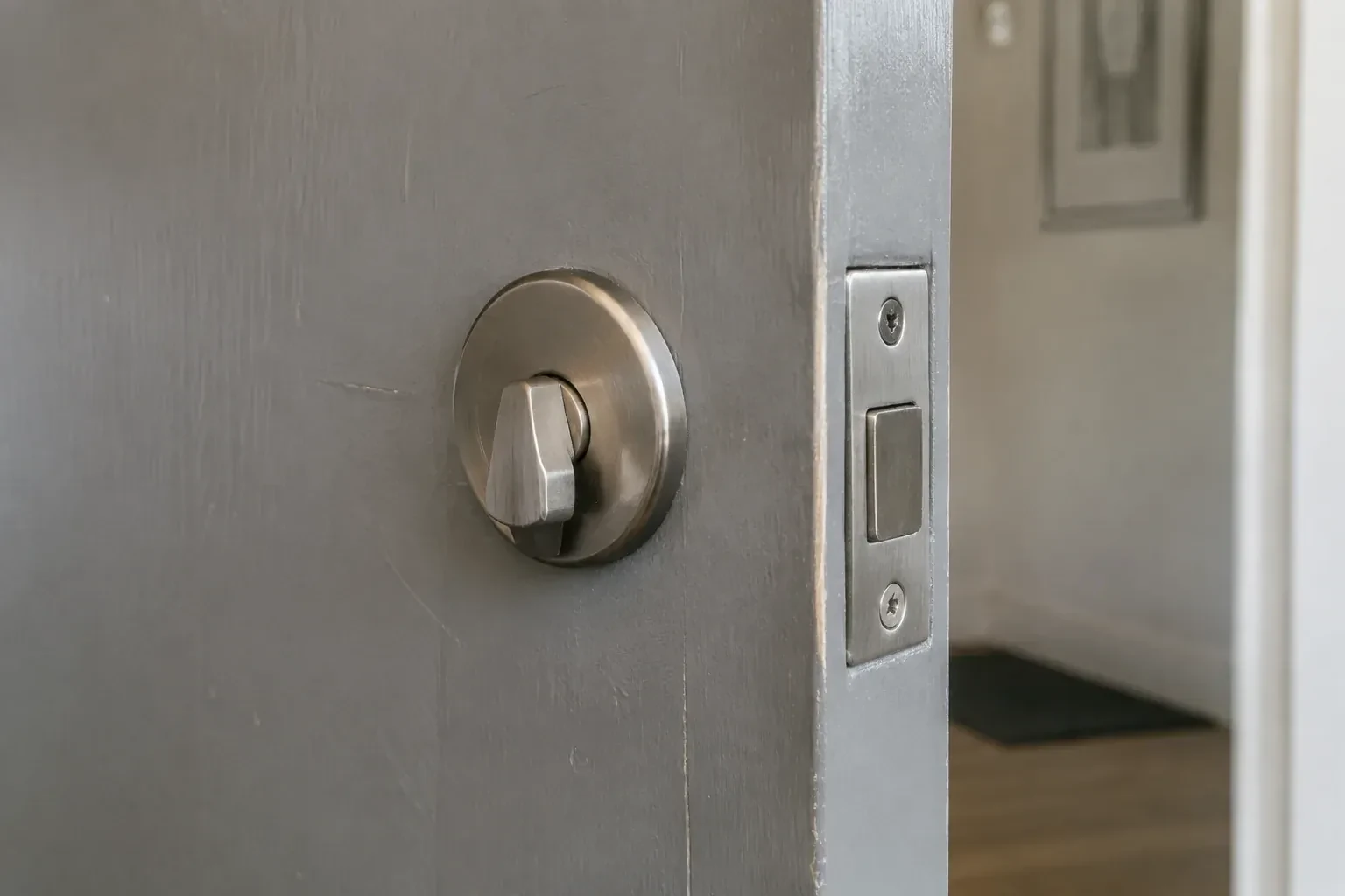 Close view of a satin-nickel deadbolt thumbturn and edge faceplate on a painted timber door. — Deadbolt Installation, Oakville