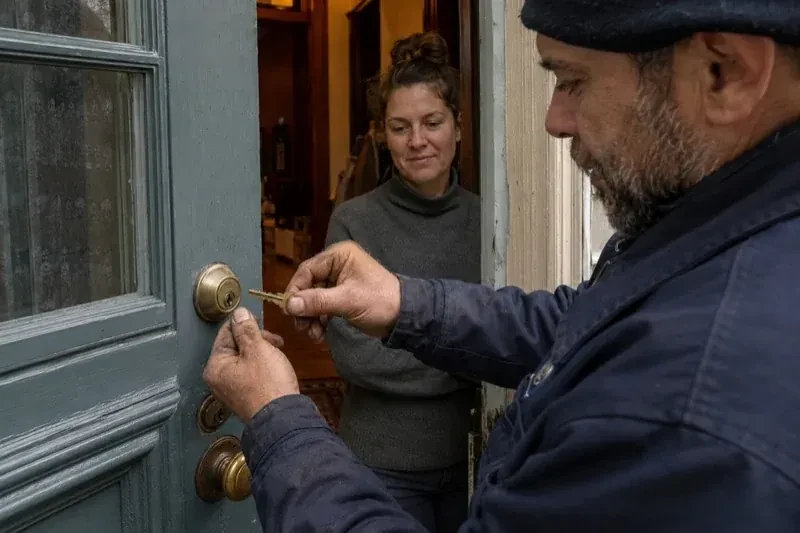 Person holding a key beside a brass-colored deadbolt on an open painted door while another person watches from inside. — Home Lockout Service, Oakville