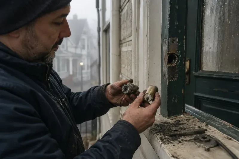 Person holding two lock cylinders beside an open painted door, with loose hardware and debris on the sill. — Seized & Jammed Lock Opening, Oakville