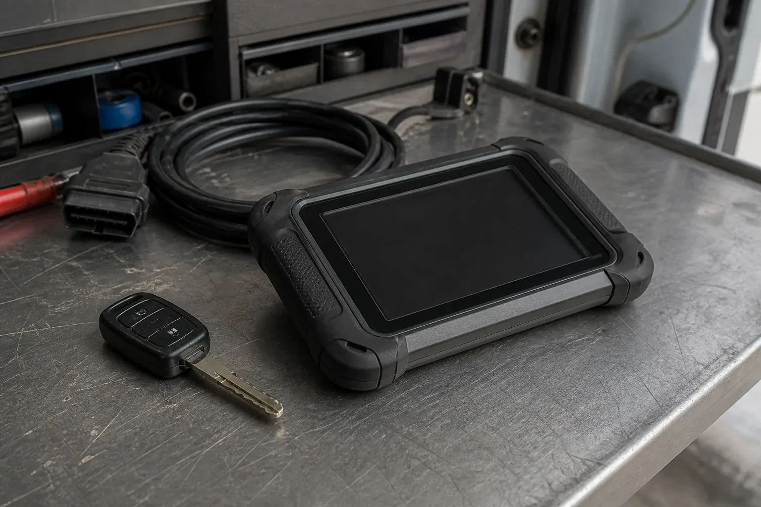 Vehicle key beside a dark diagnostic tablet and coiled connector cable on a workbench. — Transponder Key Programming, Oakville