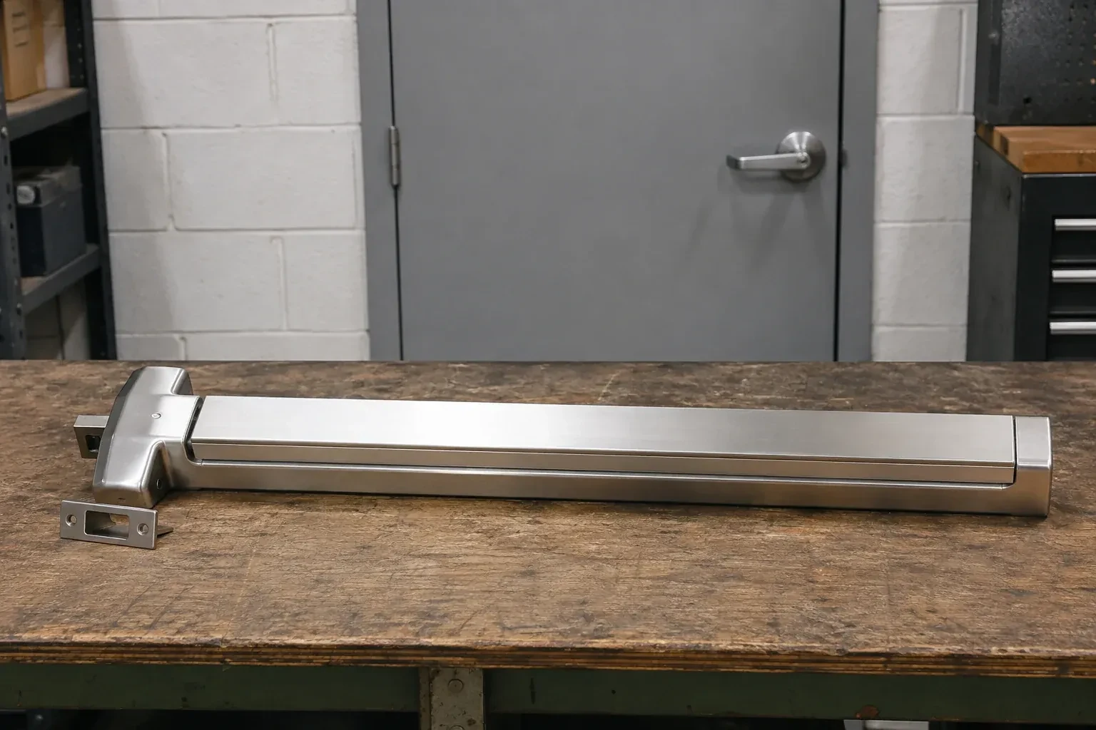 Detached horizontal exit device and separate strike component on a workshop bench. — Panic & Exit Hardware, Oakville