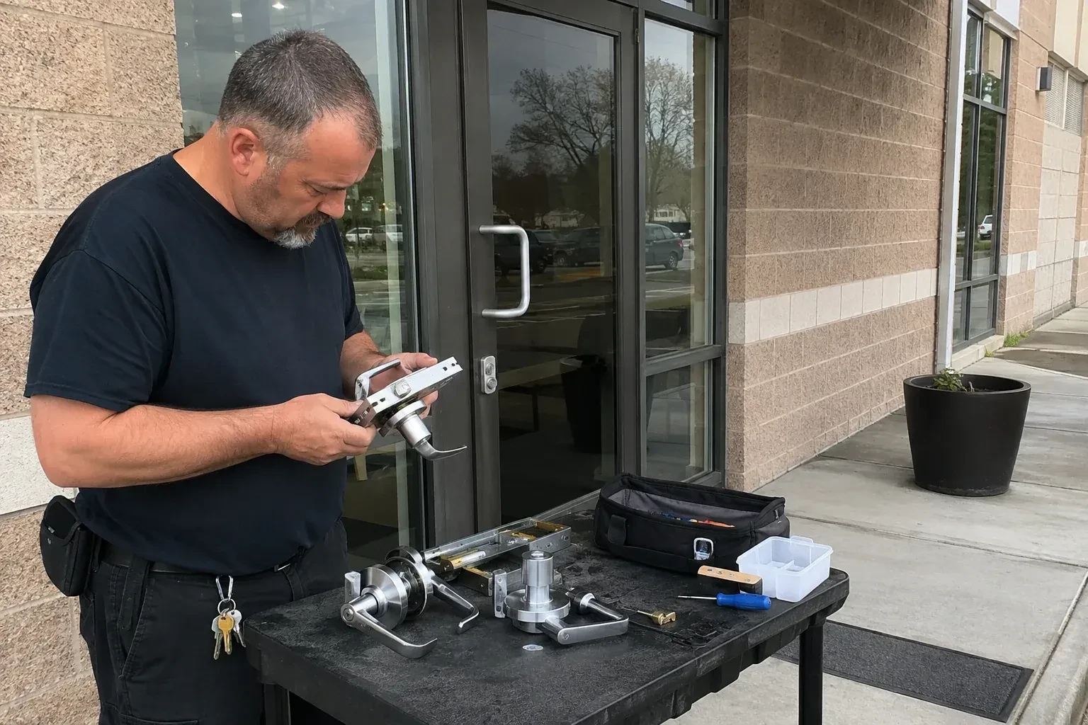 Person holding a door-handle and latch assembly at a worktable outside a glass entrance, with additional handles and tools laid out. — Commercial Rekeying, Oakville