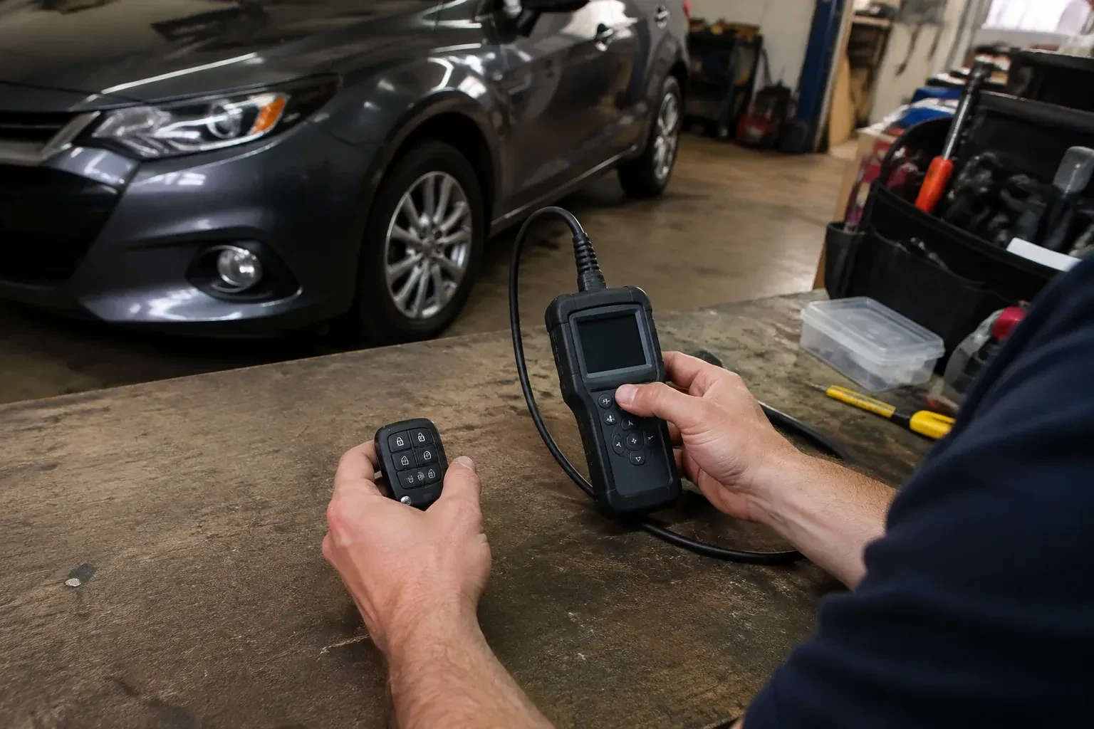 Hands holding a car-key fob and a small wired electronic device above a workbench in a garage with a parked car. — Key Fob Programming, Oakville