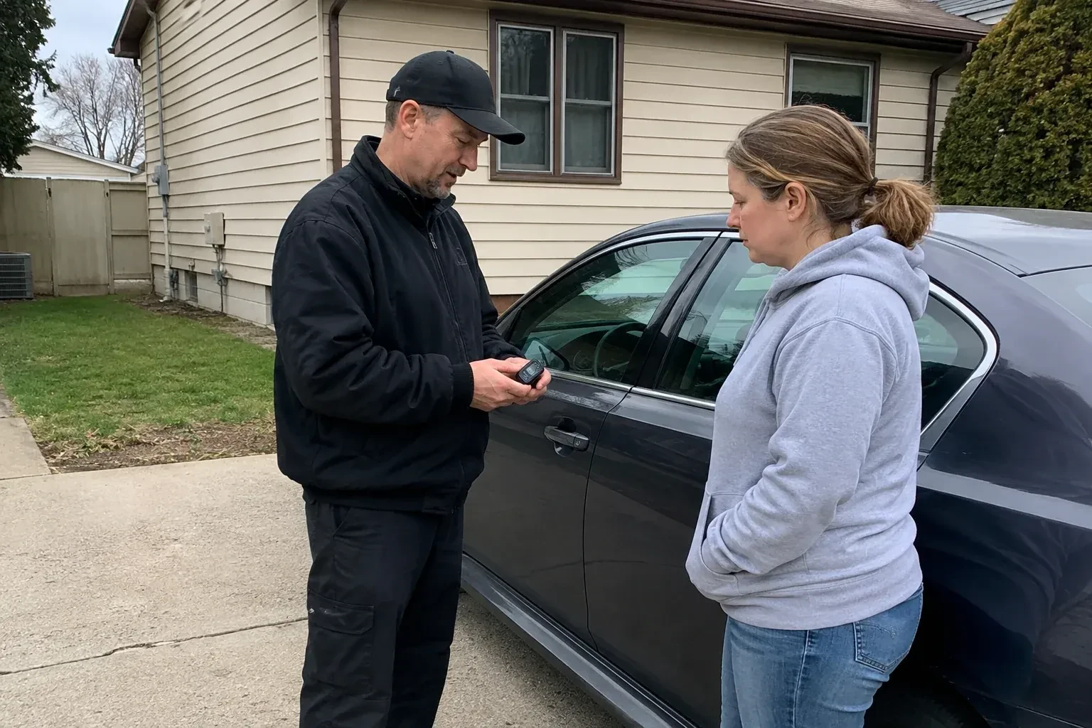 Two people standing beside a parked sedan, one wearing a cap and holding a small black device. — Vehicle Lock Repair, Oakville