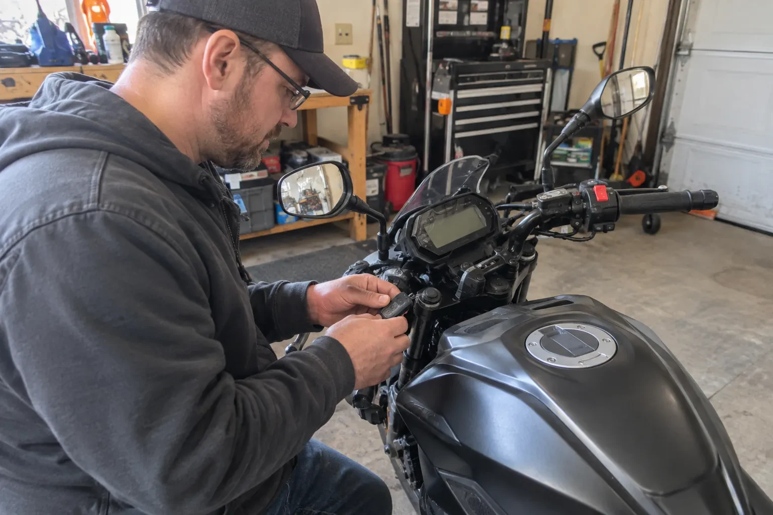 Technician in a cap and glasses holding a small key fob beside the dashboard of a black motorcycle in a garage. — Falgarwood