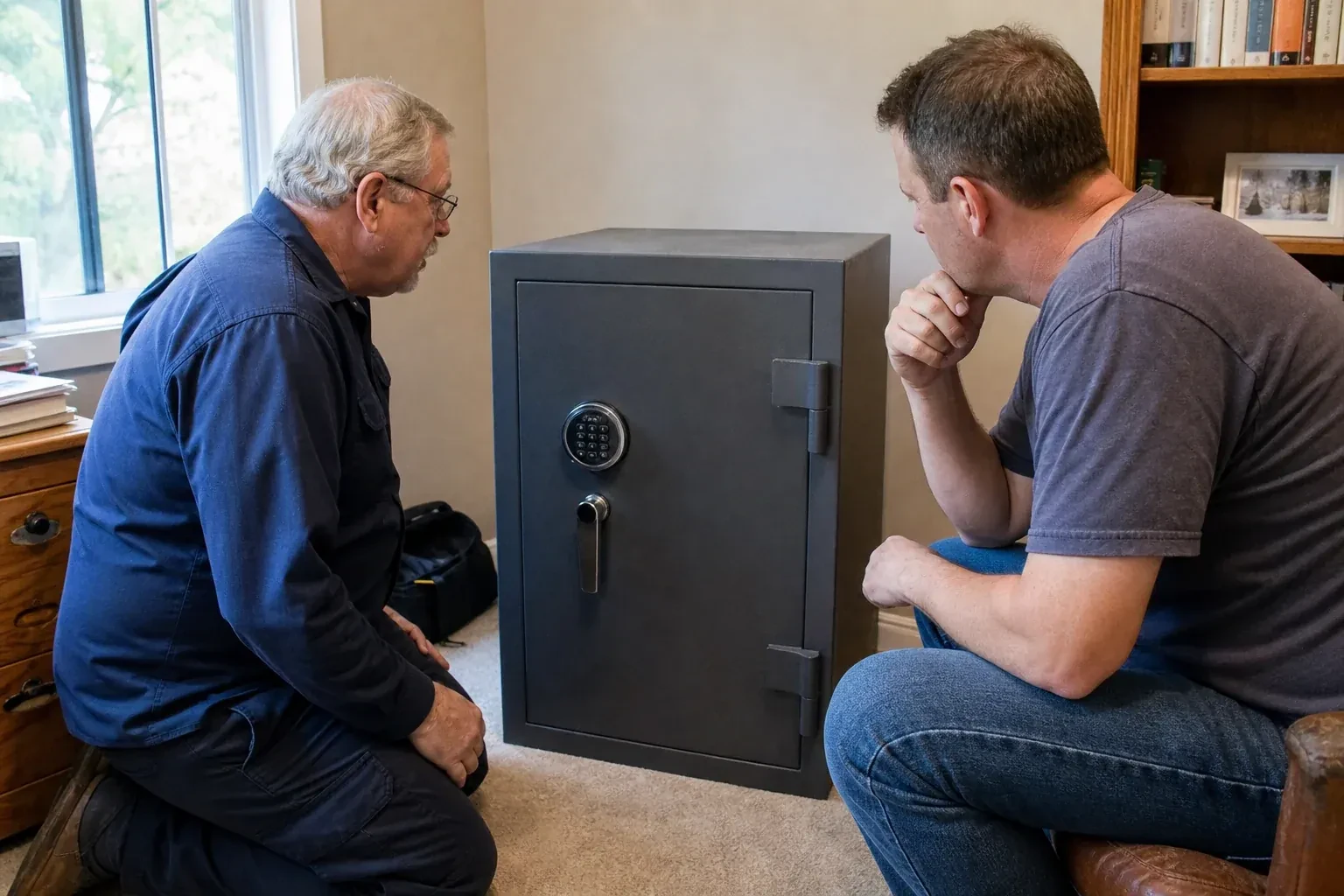 Two adults discussing a closed keypad safe in a home study. — Safe Opening & Combination Change, Oakville