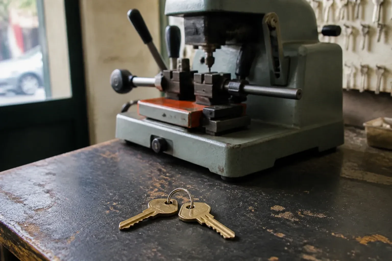 Two brass house keys on a ring resting on a workshop counter. — Spare Car Key Duplication, Oakville